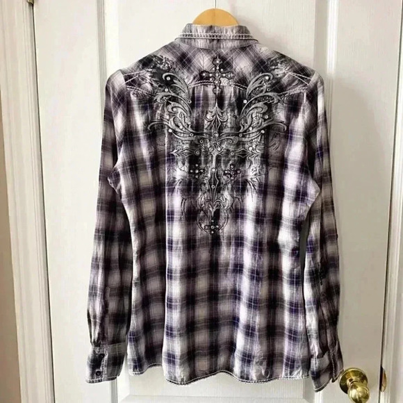 ROAR Western Button Front Shirt Joeley Purple Plaid Rhinestone Size XL - Picture 4 of 16